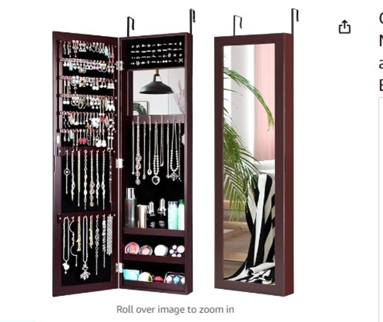 Full Length Mirror Jewelry Cabinet, Wall-Mounted Jewelry Organizer w/Makeup Mirror, Ring Slots and Necklace Hooks, Large Storage Jewelry Armoire for Bedroom, Dressing Room (Brown)